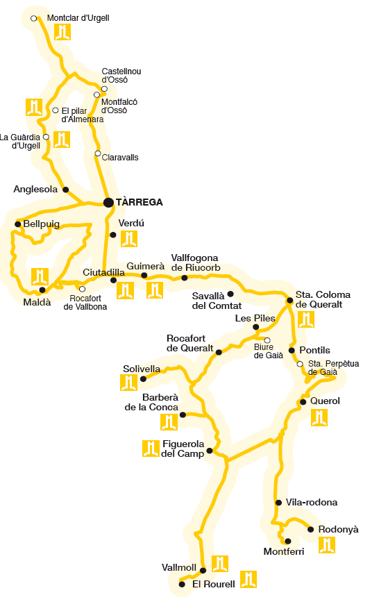 Mapa dels castells i torres a La Ruta del Cister
